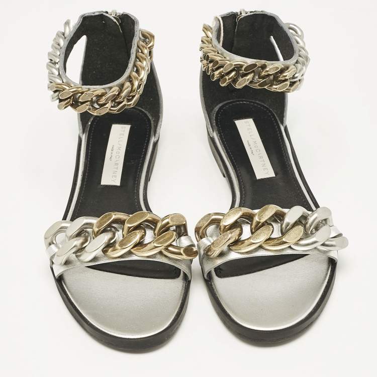 Pre Owned Stella McCartney Silver Faux Leather Falabella Flat Sandals Size 38