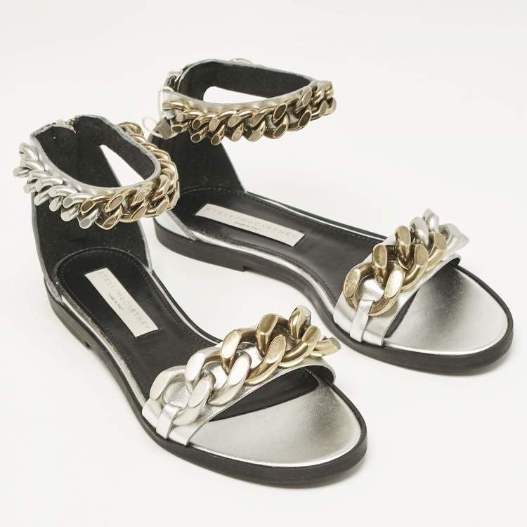 Pre Owned Stella McCartney Silver Faux Leather Falabella Flat Sandals Size 38