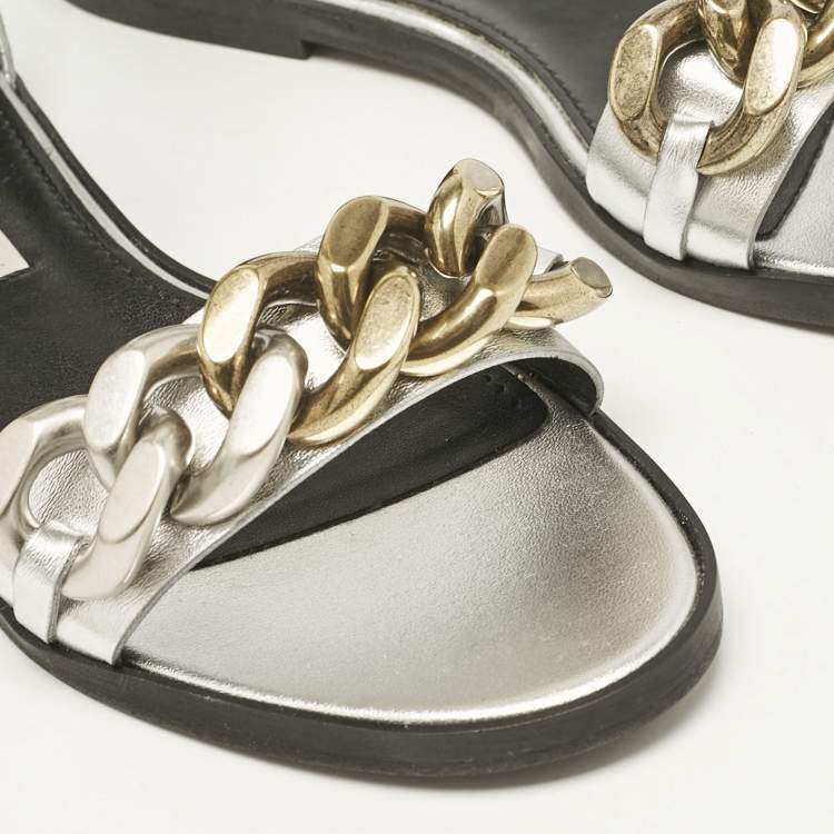 Pre Owned Stella McCartney Silver Faux Leather Falabella Flat Sandals Size 38