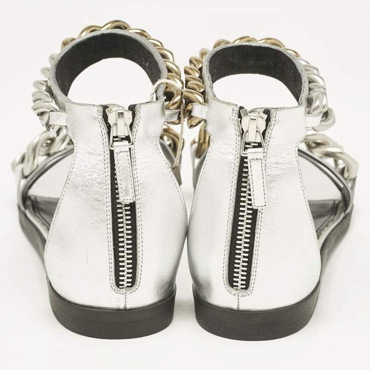 Pre Owned Stella McCartney Silver Faux Leather Falabella Flat Sandals Size 38