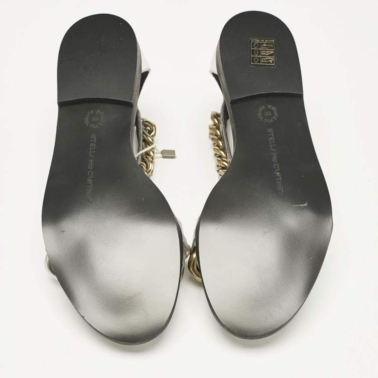 Pre Owned Stella McCartney Silver Faux Leather Falabella Flat Sandals Size 38