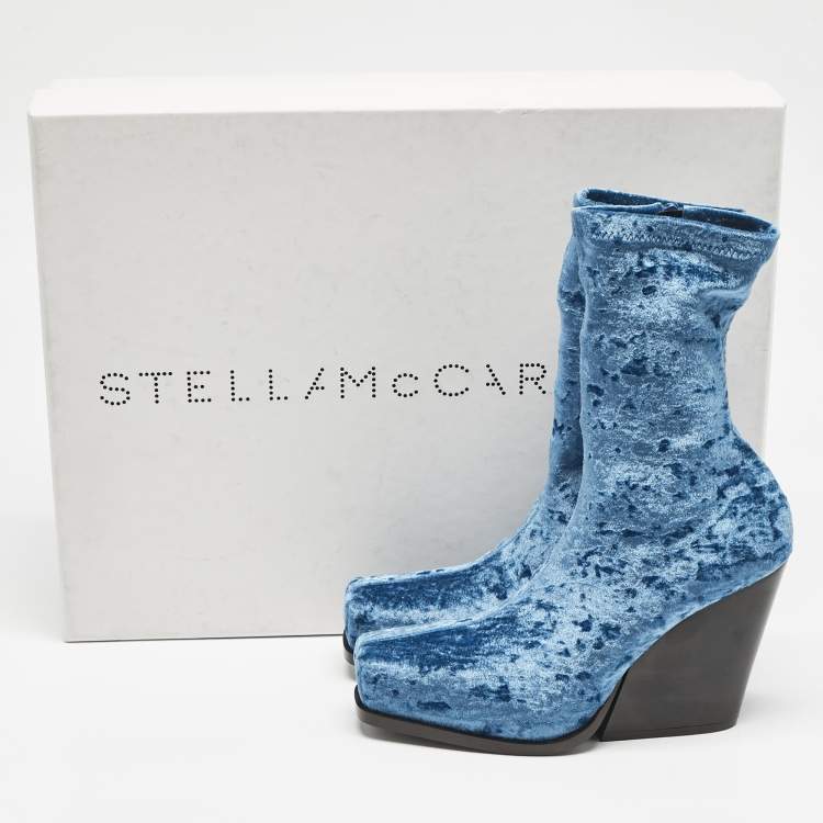 Pre Owned Stella McCartney Blue Velvet Groove Ankle Boots Size 37