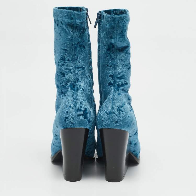 Pre Owned Stella McCartney Blue Velvet Cowboy Crushed Ankle Length Boots Size 38