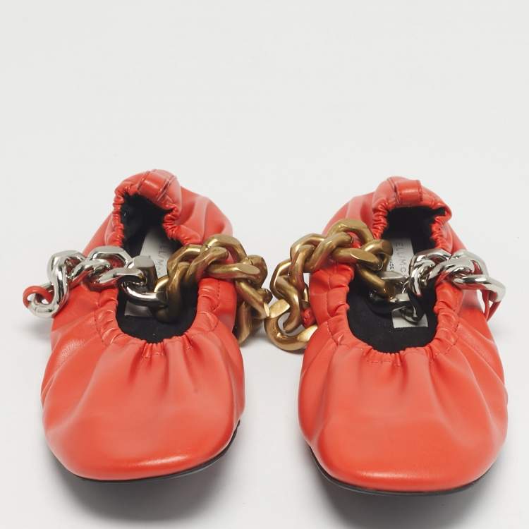 Pre Owned Stella McCartney Orange Faux Leather Falabella Soft Ballet Flats Size 37