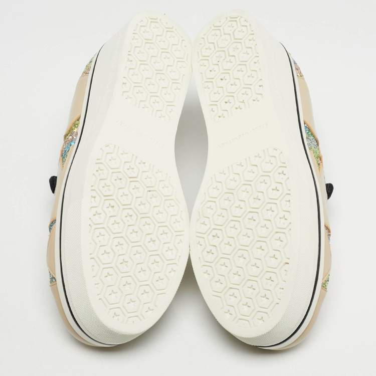 Pre Owned Stella McCartney Beige Faux Leather and Glitter Binx Star Platform Slip On Sneakers Size 39