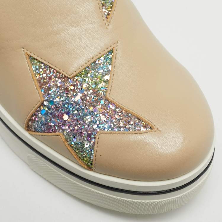 Pre Owned Stella McCartney Beige Faux Leather and Glitter Binx Star Platform Slip On Sneakers Size 39