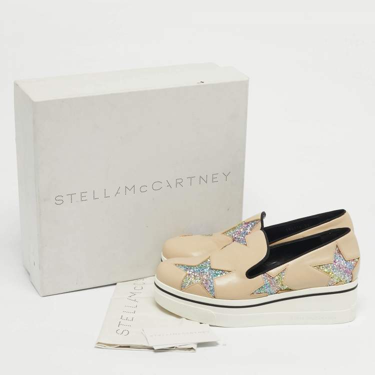 Pre Owned Stella McCartney Beige Faux Leather and Glitter Binx Star Platform Slip On Sneakers Size 39