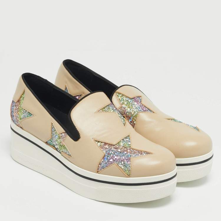 Pre Owned Stella McCartney Beige Faux Leather and Glitter Binx Star Platform Slip On Sneakers Size 39