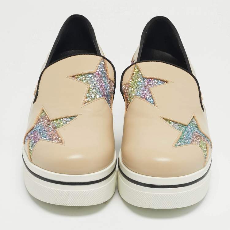 Pre Owned Stella McCartney Beige Faux Leather and Glitter Binx Star Platform Slip On Sneakers Size 39