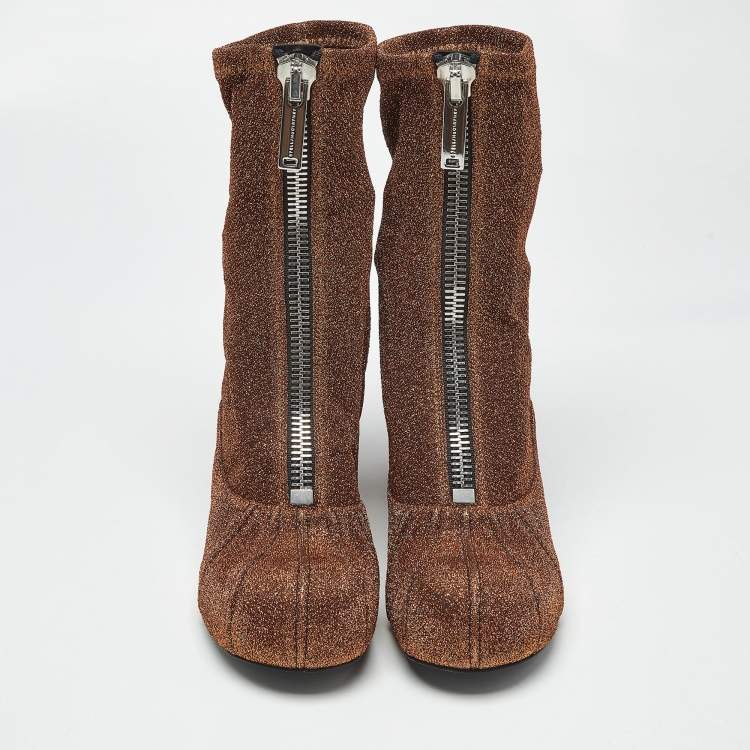 Pre Owned Stella McCartney Brown Lurex Fabric Groove Ankle Boots Size 37.5