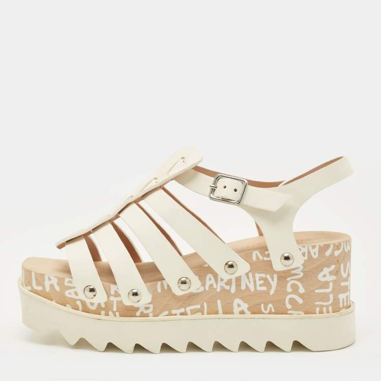 Pre Owned Stella McCartney Elyse Size 38 White Leather Ed Curtis Edition Wedge Ankle Strap Sandals
