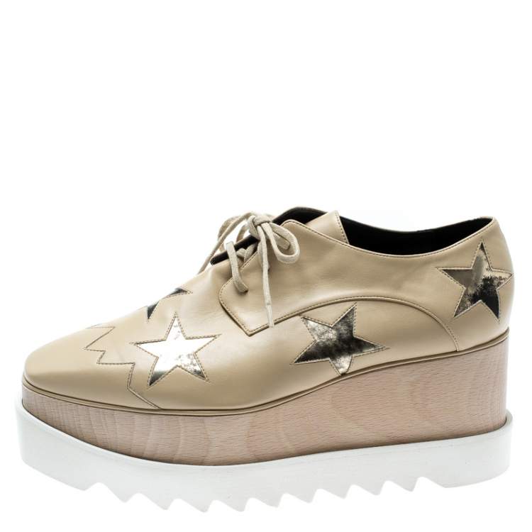 Pre Owned Stella McCartney Beige Faux Leather Elyse Star Platform Lace Up Derby Size 40