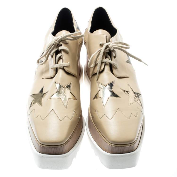 Pre Owned Stella McCartney Beige Faux Leather Elyse Star Platform Lace Up Derby Size 40
