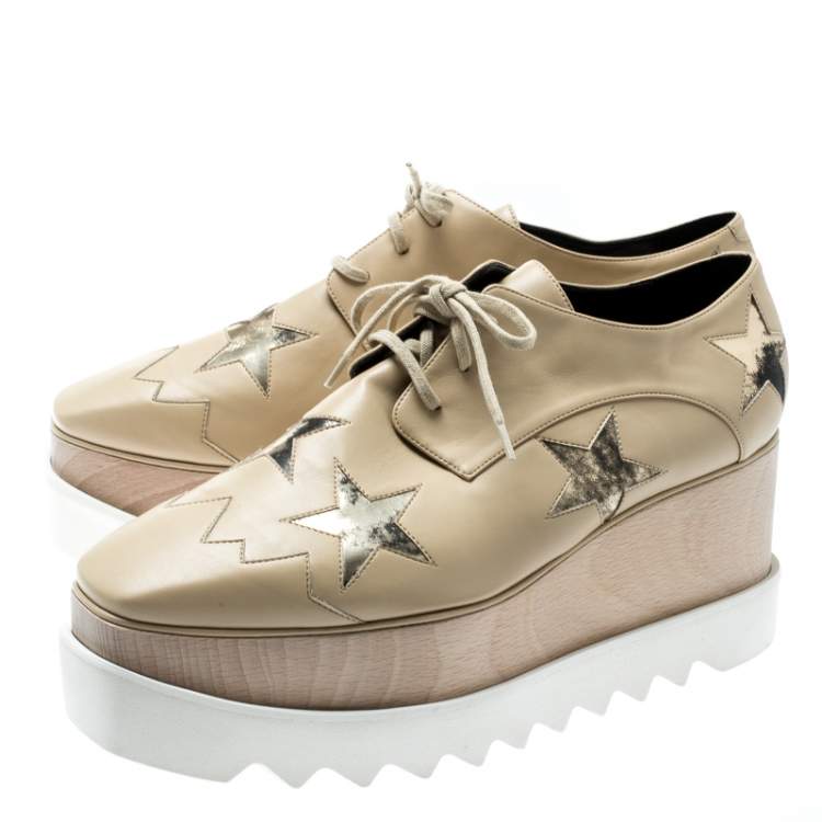 Pre Owned Stella McCartney Beige Faux Leather Elyse Star Platform Lace Up Derby Size 40