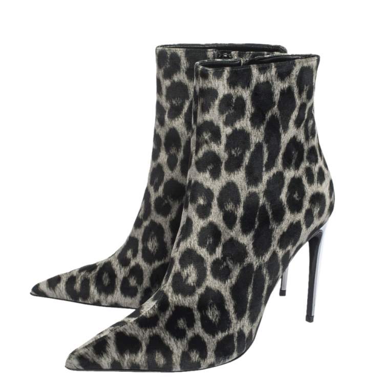 Pre Owned Stella McCartney Black Leopard Print Velvet Pointed Toe Ankle Booties Size 39