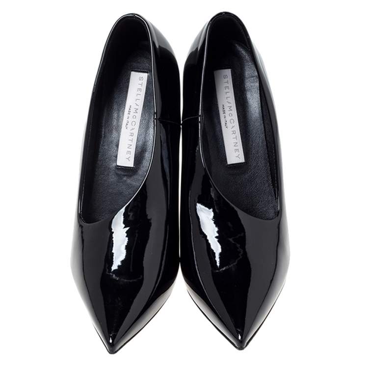 Pre Owned Stella McCartney Black Faux Patent Leather V Neck Pointed Toe Pumps Size 35.5