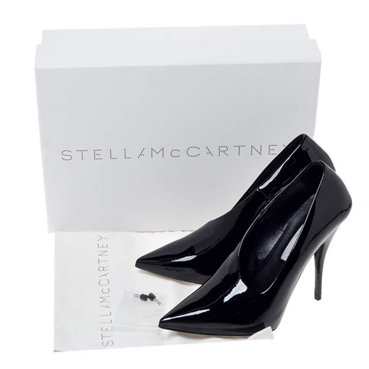 Pre Owned Stella McCartney Black Faux Patent Leather V Neck Pointed Toe Pumps Size 35.5