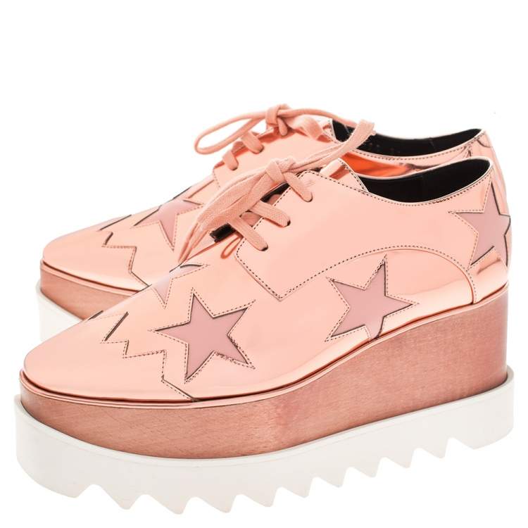 Pre Owned Stella McCartney Metallic Bronze Faux Leather Elyse Platform Lace Up Sneakers Size 37