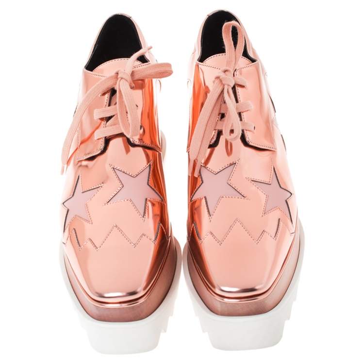 Pre Owned Stella McCartney Metallic Bronze Faux Leather Elyse Platform Lace Up Sneakers Size 37