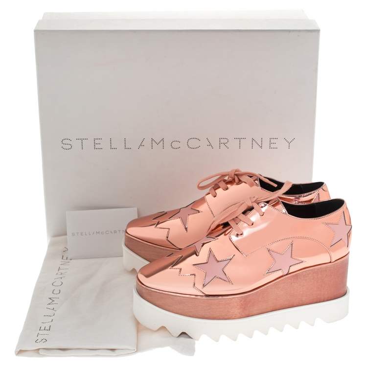 Pre Owned Stella McCartney Metallic Bronze Faux Leather Elyse Platform Lace Up Sneakers Size 37