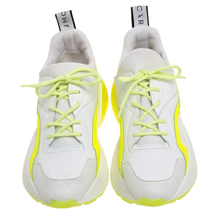 Pre Owned Stella McCartney White/Neon Green Faux Leather/Fabric Eclypse Lace Sneakers Size 41