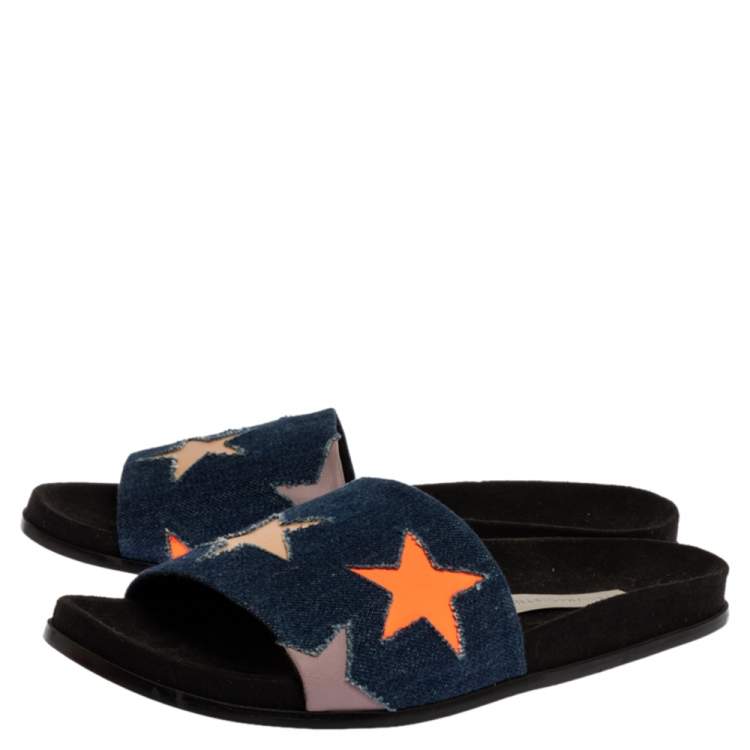 Pre Owned Stella McCartney Blue Denim Fabric Star Flat Slides Size 41
