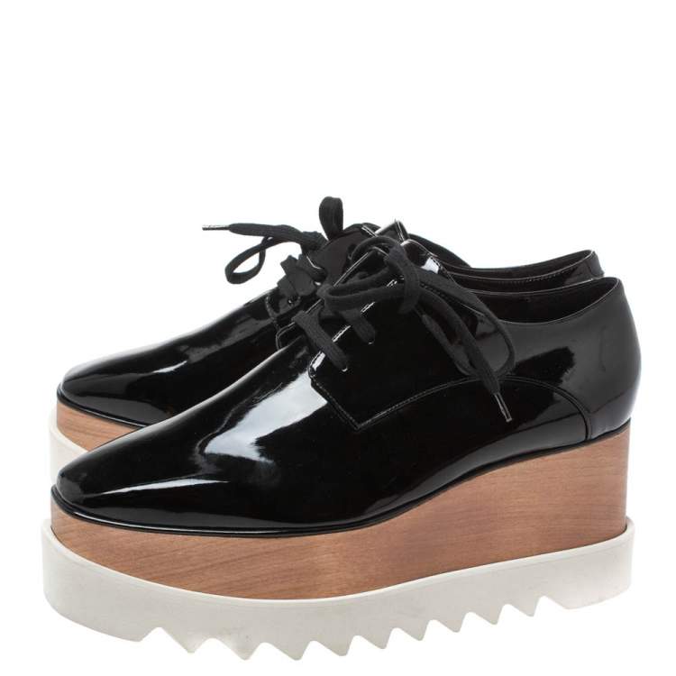 Pre Owned Stella McCartney Black Faux Patent Leather Elyse Platform Derby Sneakers Size 40