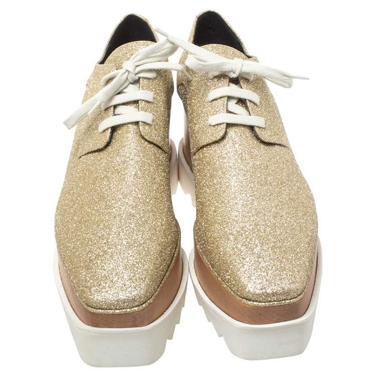 Pre Owned Stella McCartney Metallic Gold Glitter Elyse Platform Derby Sneakers Size 40