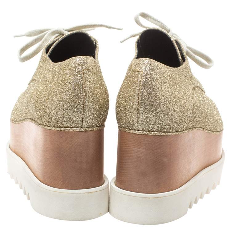 Pre Owned Stella McCartney Metallic Gold Glitter Elyse Platform Derby Sneakers Size 40