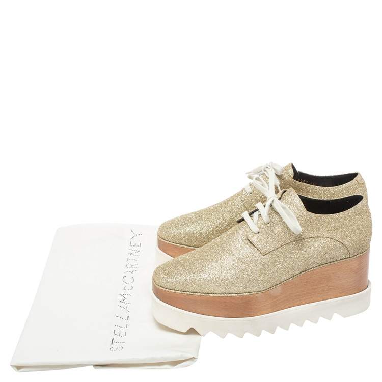 Pre Owned Stella McCartney Metallic Gold Glitter Elyse Platform Derby Sneakers Size 40