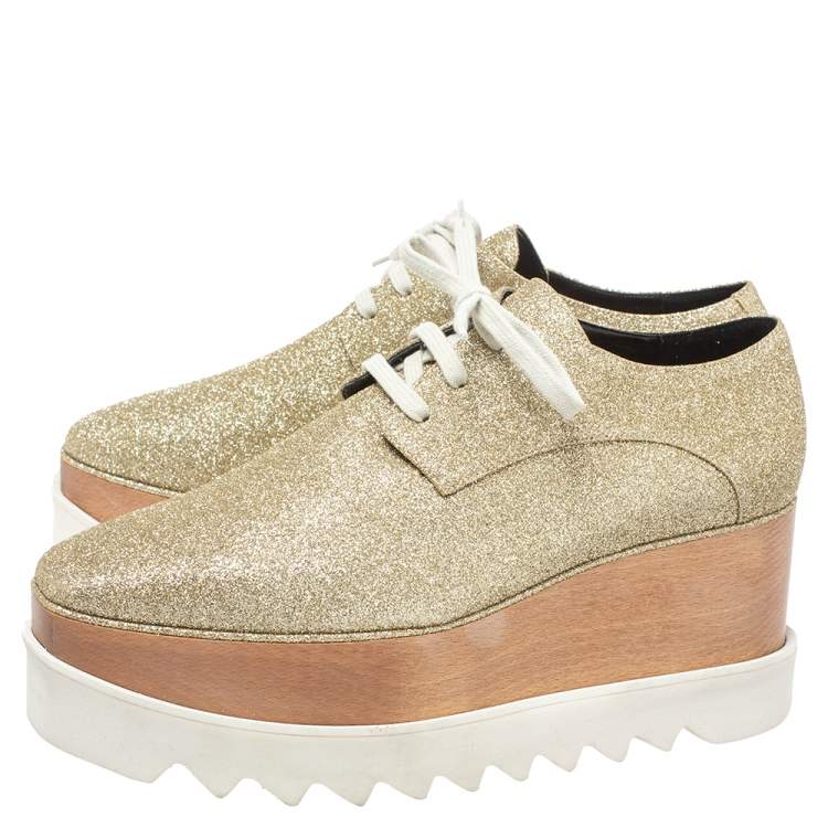 Pre Owned Stella McCartney Metallic Gold Glitter Elyse Platform Derby Sneakers Size 40