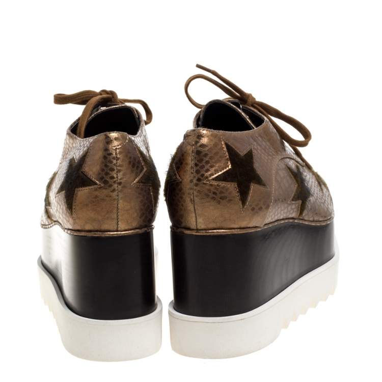 Pre Owned Stella Mccartney Metallic Bronze Embossed Faux Leather Elyse Platform Lace Up Sneakers Size 41
