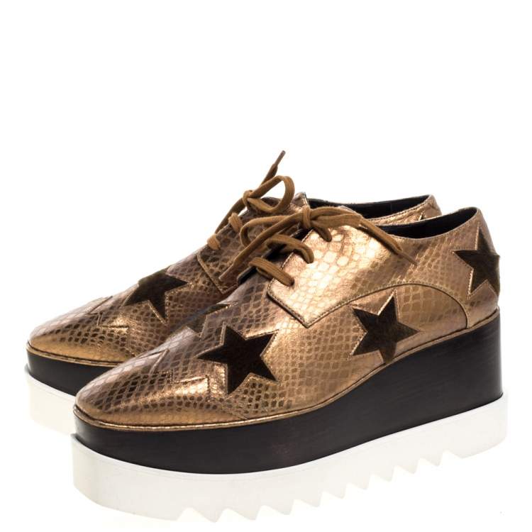 Pre Owned Stella Mccartney Metallic Bronze Embossed Faux Leather Elyse Platform Lace Up Sneakers Size 41