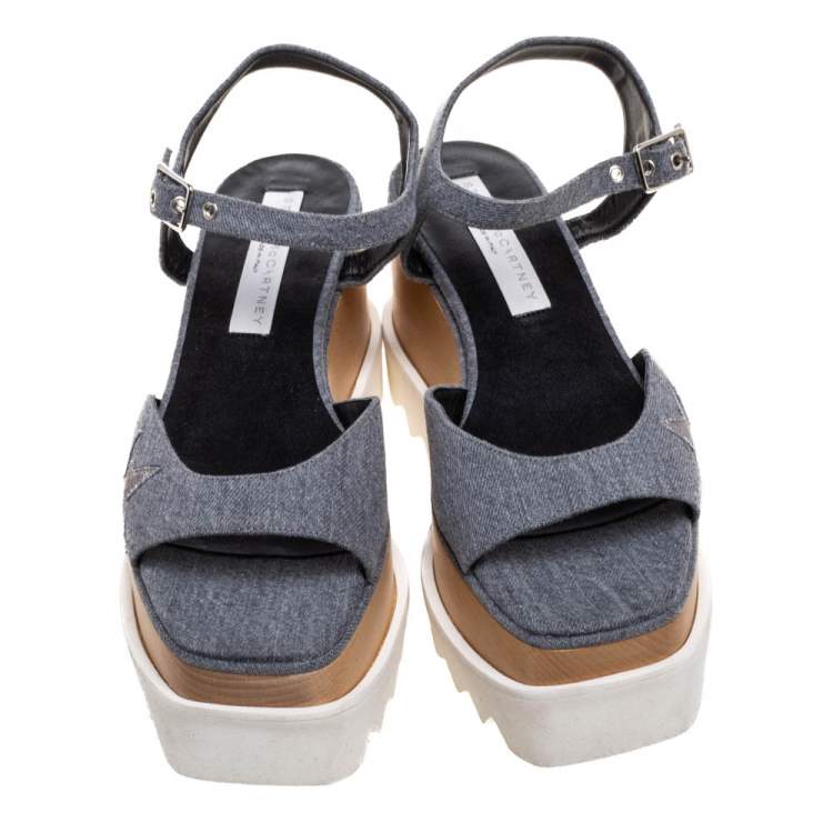 Pre Owned Stella McCartney Grey Denim Elyse Platform Ankle Strap Sandals Size 37