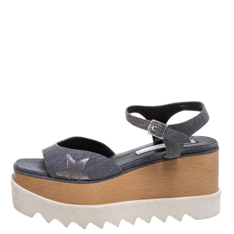 Pre Owned Stella McCartney Grey Denim Elyse Platform Ankle Strap Sandals Size 37