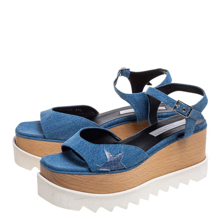 Pre Owned Stella McCartney Blue Denim Elyse Platform Ankle Strap Sandals Size 39.5