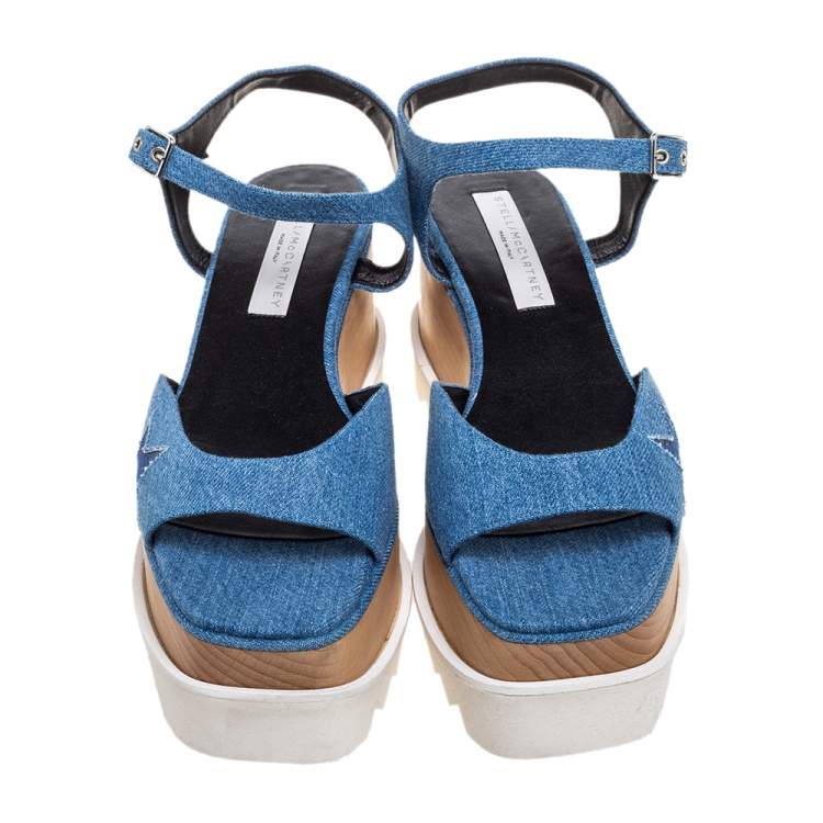 Pre Owned Stella McCartney Blue Denim Elyse Platform Ankle Strap Sandals Size 39.5