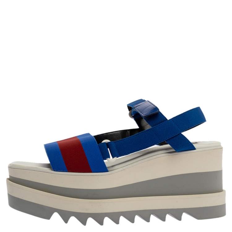 Pre Owned Stella McCartney Blue Canvas Striped Platform Ankle Strap Sandals Size 40