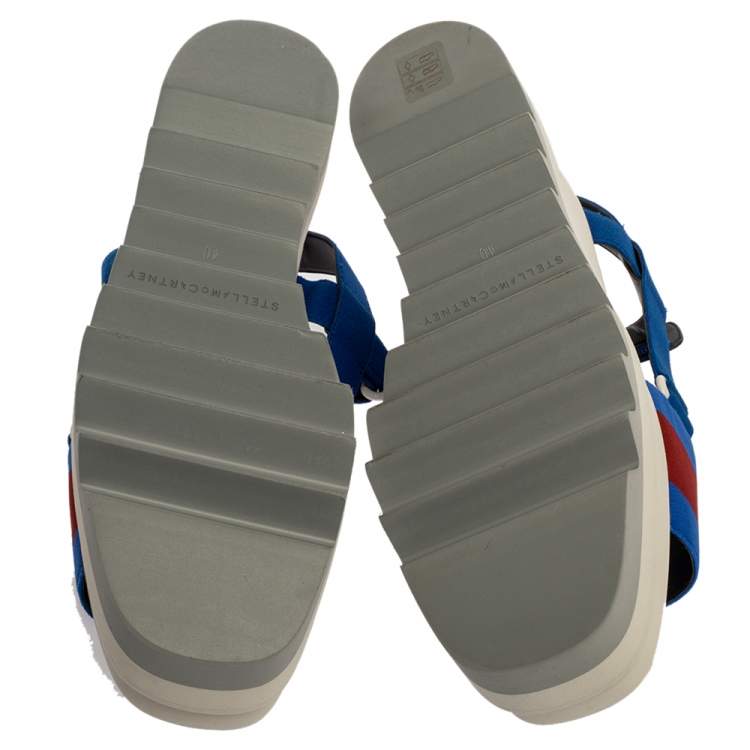 Pre Owned Stella McCartney Blue Canvas Striped Platform Ankle Strap Sandals Size 40