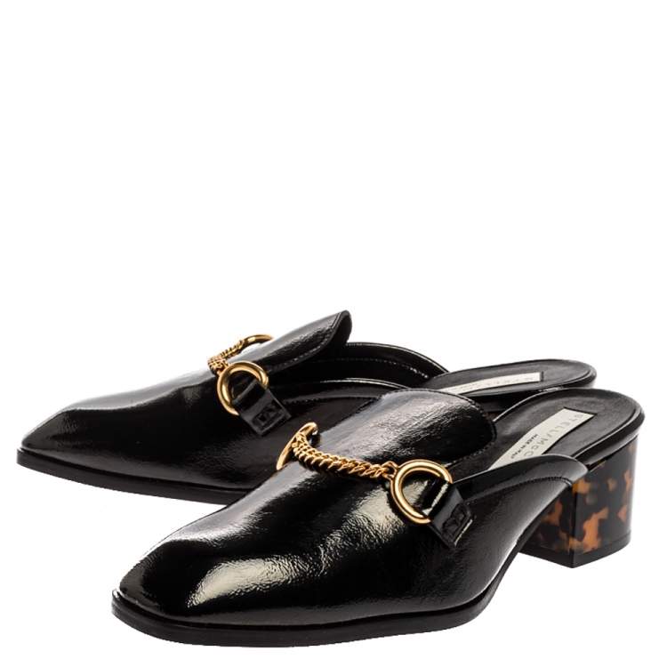 Pre Owned Stella McCartney Black Faux Patent Leather Chain Detail Block Heel Mules Size 36.5