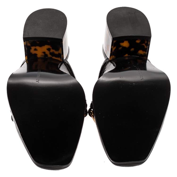 Pre Owned Stella McCartney Black Faux Patent Leather Chain Detail Block Heel Mules Size 36.5