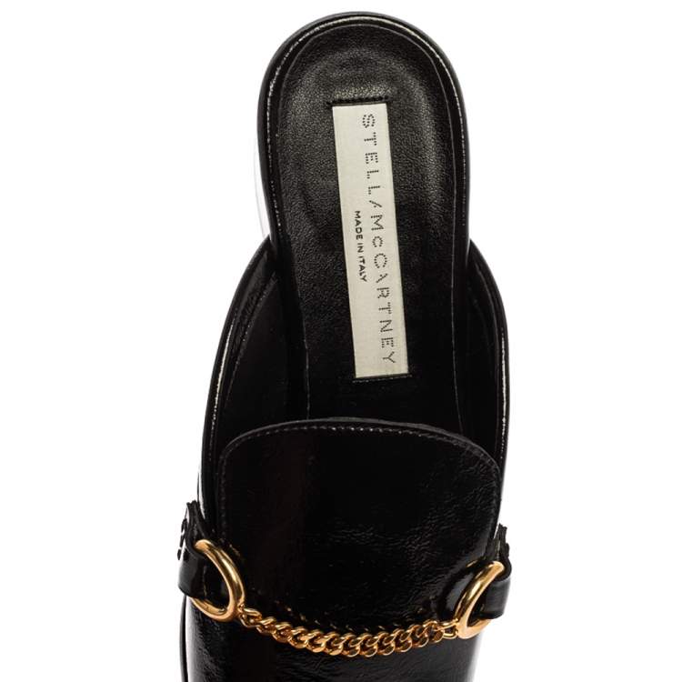 Pre Owned Stella McCartney Black Faux Patent Leather Chain Detail Block Heel Mules Size 36.5