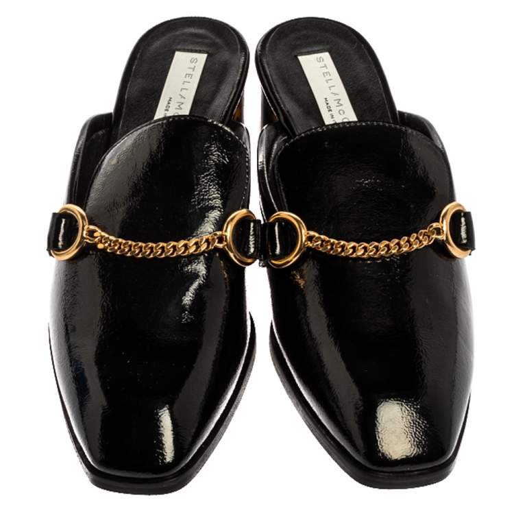 Pre Owned Stella McCartney Black Faux Patent Leather Chain Detail Block Heel Mules Size 36.5