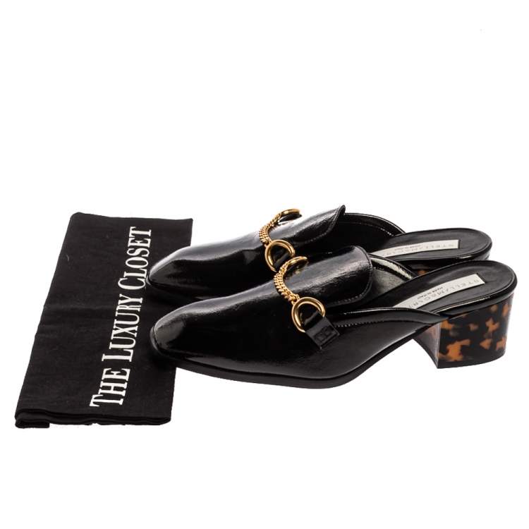 Pre Owned Stella McCartney Black Faux Patent Leather Chain Detail Block Heel Mules Size 36.5