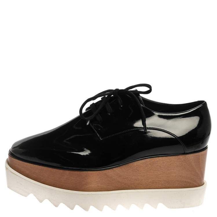 Pre Owned Stella McCartney Black Faux Patent Leather Elyse Platform Derby Sneakers Size 41