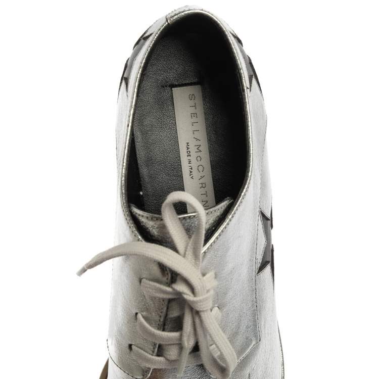 Pre Owned Stella McCartney Silver/Black Faux Leather Elyse Star Platform Derby Size 41