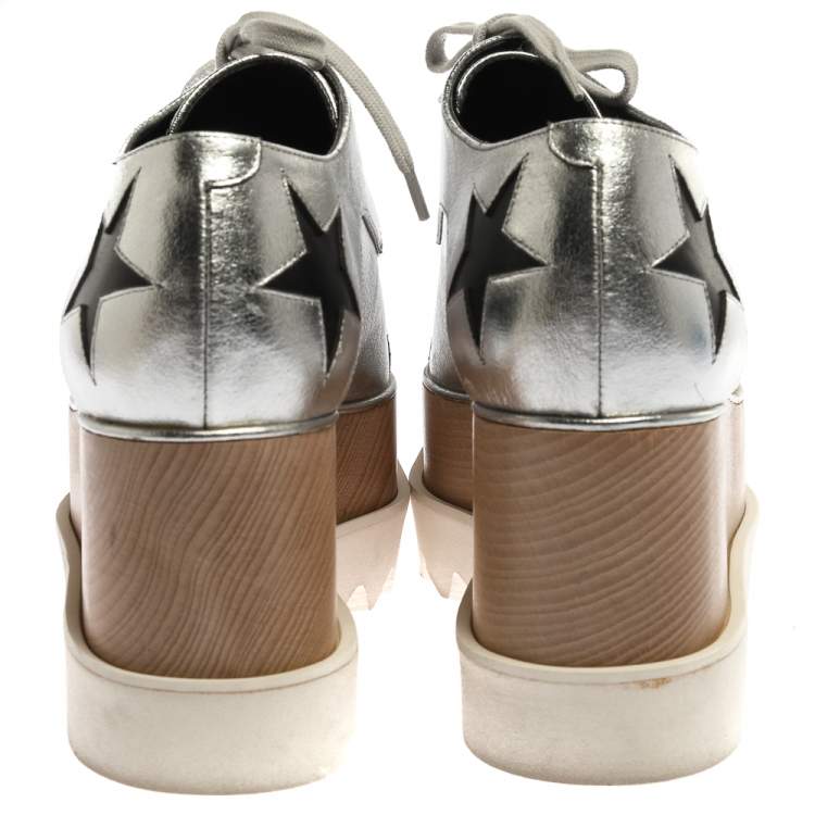 Pre Owned Stella McCartney Silver/Black Faux Leather Elyse Star Platform Derby Size 41