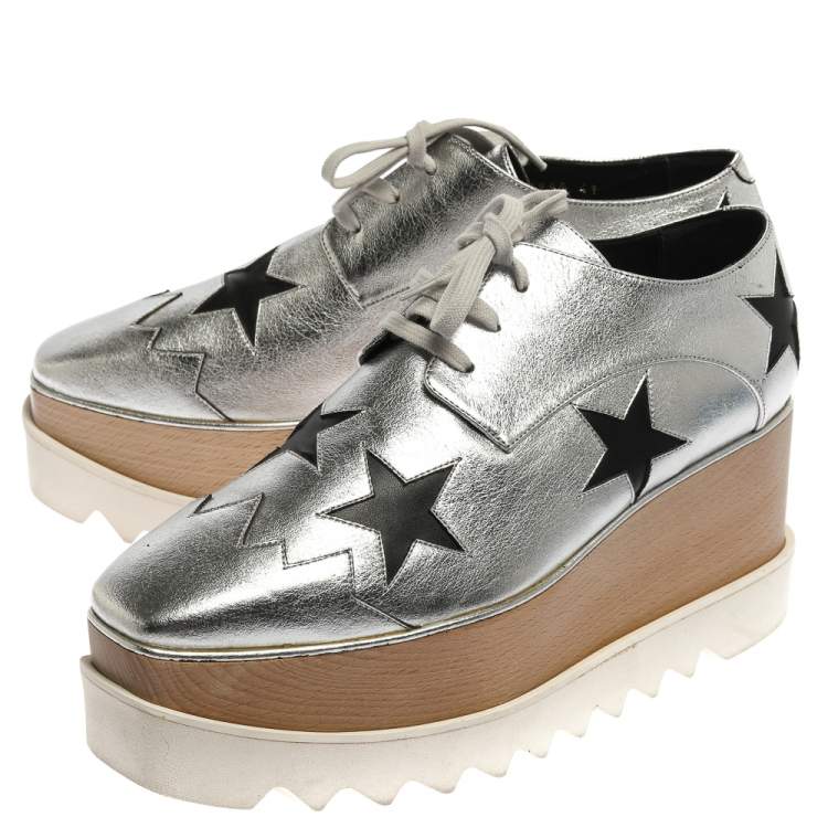 Pre Owned Stella McCartney Silver/Black Faux Leather Elyse Star Platform Derby Size 41