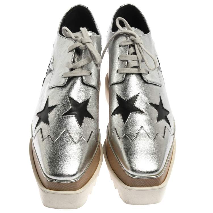 Pre Owned Stella McCartney Silver/Black Faux Leather Elyse Star Platform Derby Size 41