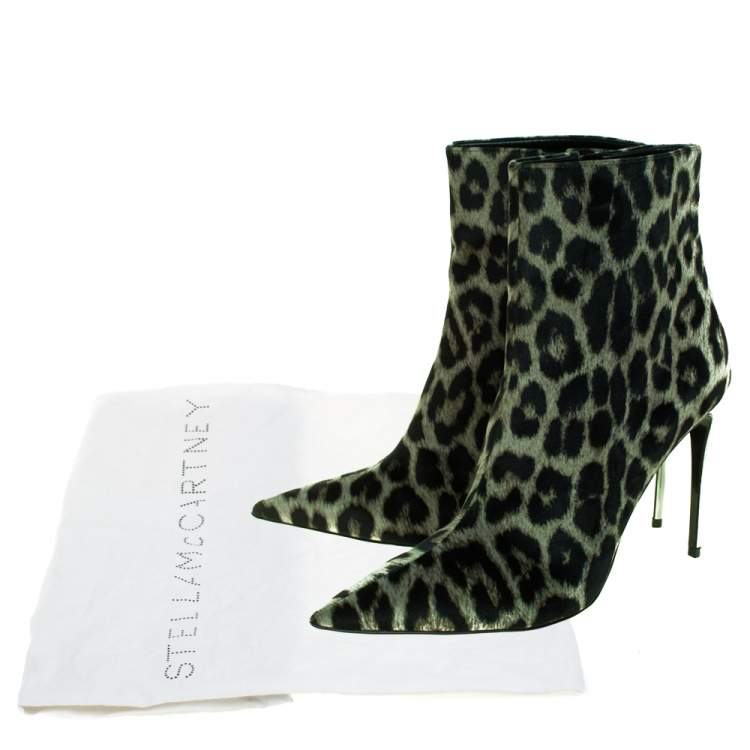 Pre Owned Stella McCartney Green/Black Animal Print Velvet Pointed Toe Ankle Booties Size 41